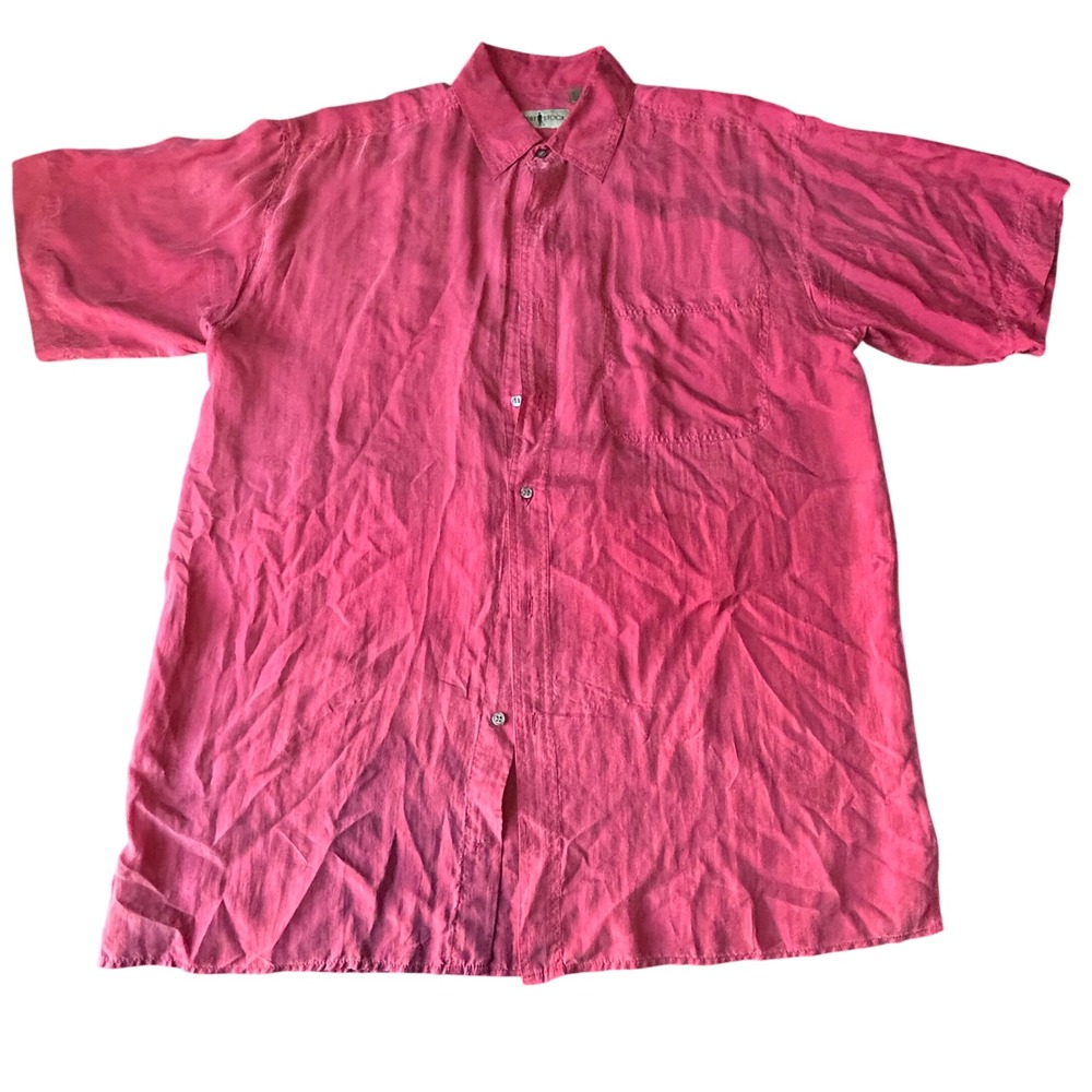 Robert Stock Mens Pink 100% Silk Short Sleeve Button Up Shirt Large Snag